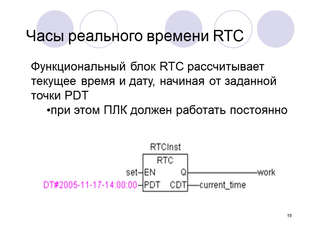 19 Часы реального времени RTC Функциональный блок RTC рассчитывает текущее время и дату, начиная
